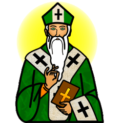 a depiction of Saint Patrick as Bishop of Ireland, in green vestments and with a halo behind him. one hand holds a Bible, and the other makes a blessing gesture.